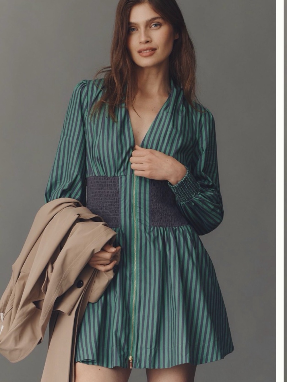 NWT Tommie  Long-Sleeve Smocked Front-Zip Shirt Dress